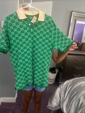 Gucci Green GG Monogram Polo with Cream & Pink Trim